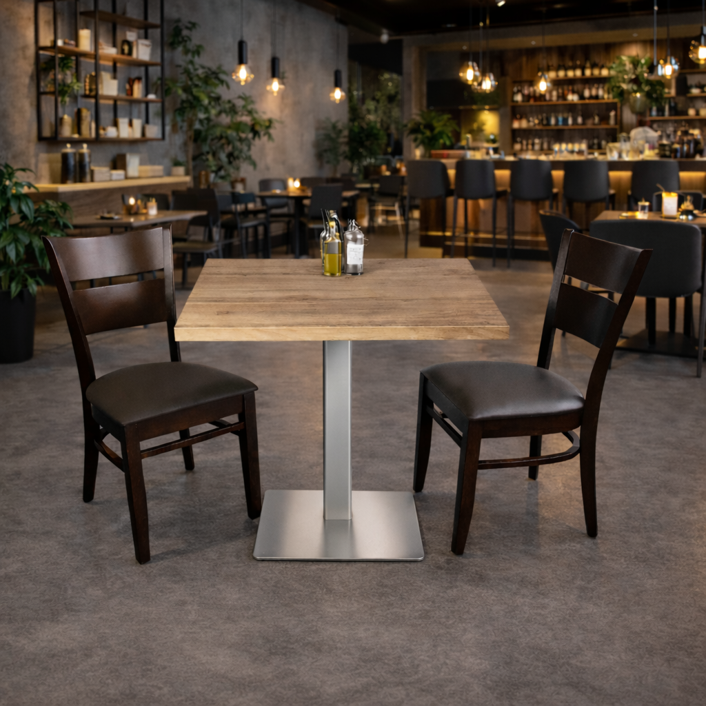 1+2-seater set, 50x50cm bistro table, restaurant chairs, brown, catering furniture