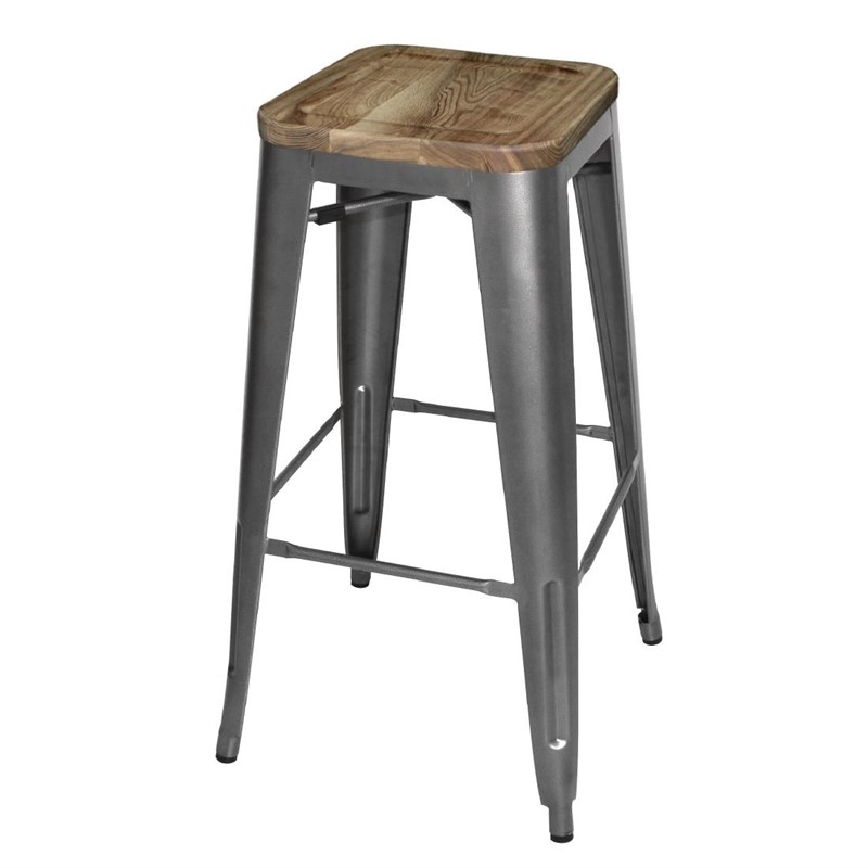 Stella wooden bar stool with steel seat in black, silver and gray