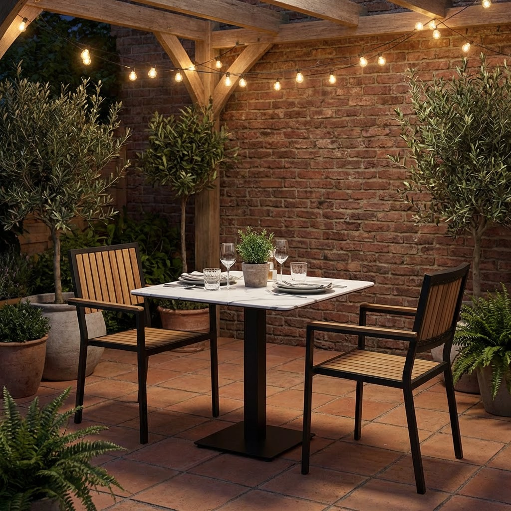 Outdoor table, 60 x 60 cm, white marble-effect Compact HPL tabletop – Catania
