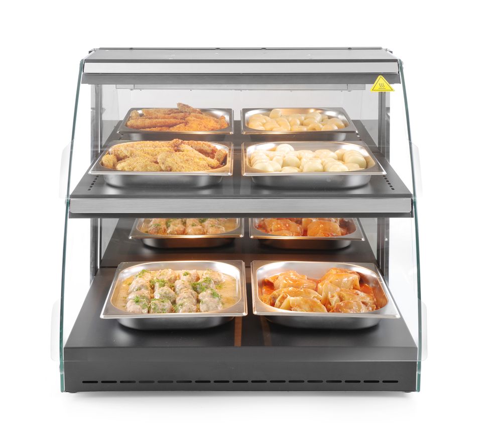 Warmhaltevitrine mit Quarzheizung 2 Regalböden 230V/560W 65x48,5x(H)63cm