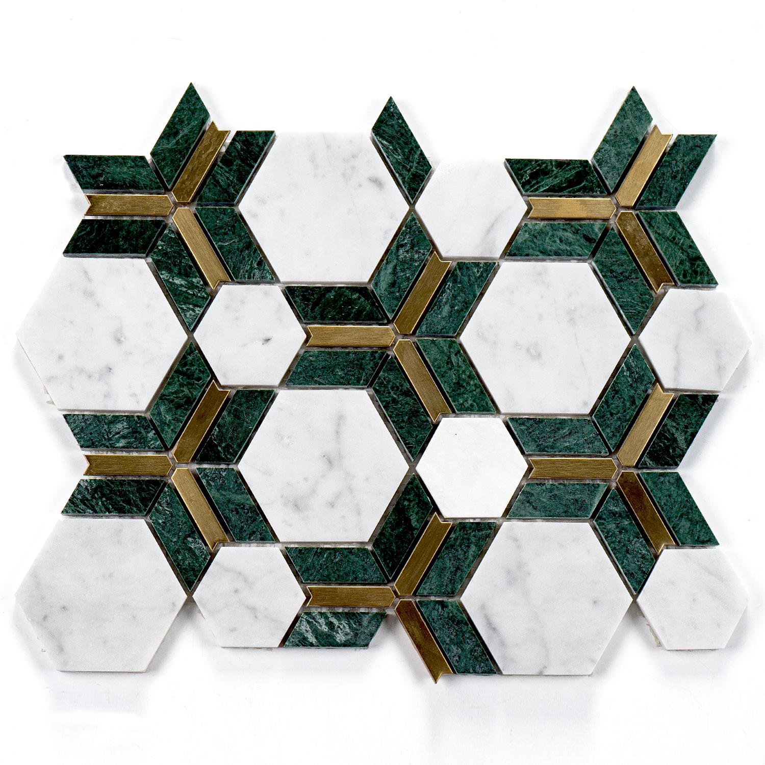 Marble mosaic with aluminium hexagon design, green, 250×330×8 mm