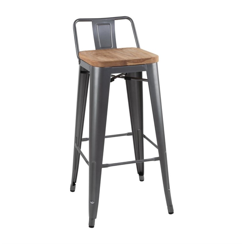 Stella steel bar stool with wooden backrest seat in black and gray