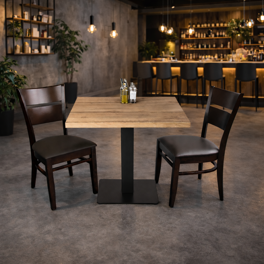 1+2-seater set, 50x50cm bistro table, restaurant chairs, brown, catering furniture