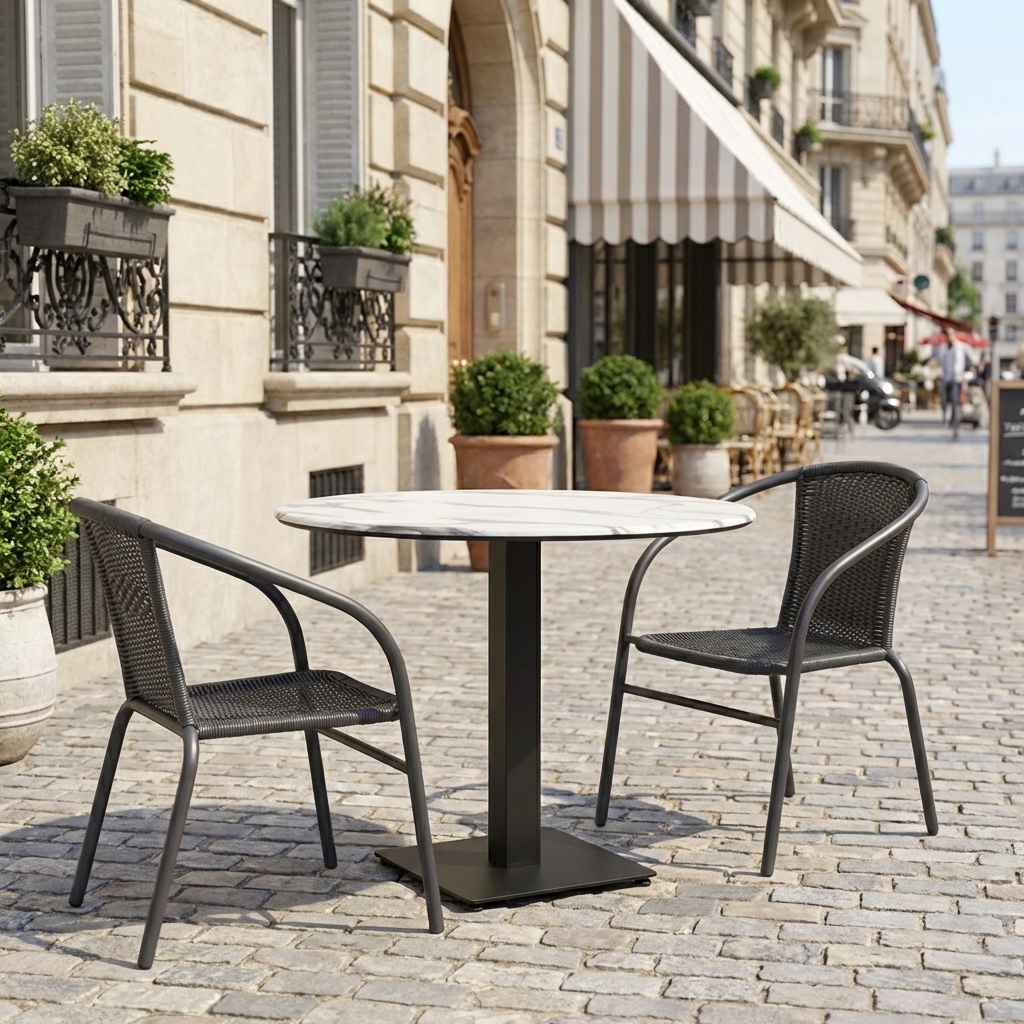 Outdoor Round Table, 60 cm, Marble-effect White, Compact HPL Tabletop, Catania