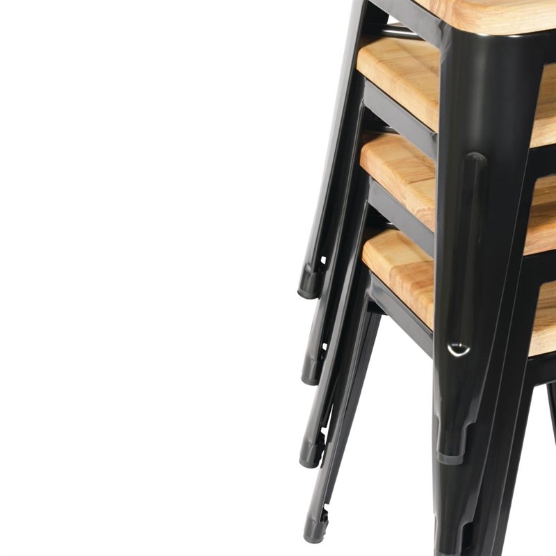 Stella steel restaurant stool in black silver gray with wooden seat