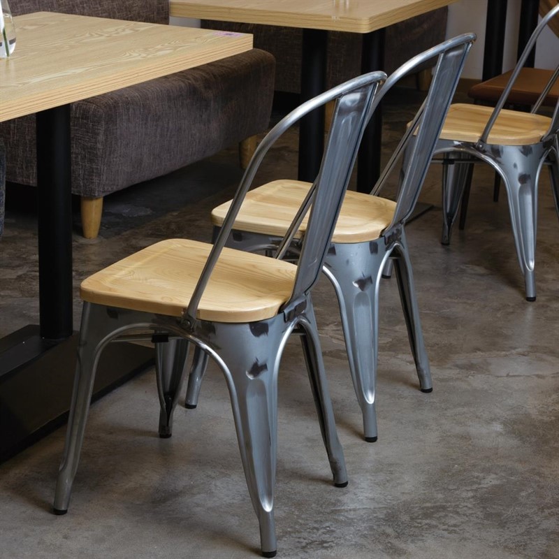 Restaurant Bistro Chair Stella: Wooden Seat with Steel Frame – Grey, Black, Silver